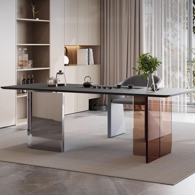 意式轻奢办公室茶桌椅组合家用阳台不锈钢茶台悬浮设计亚克力茶桌