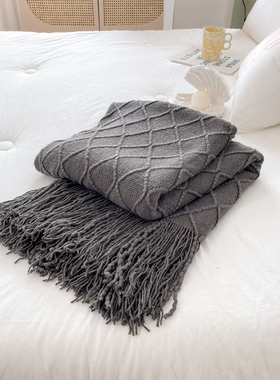 样板间针织流苏搭毯巾酒店床旗床尾巾毛巾毯装饰沙发毯小盖毯灰色