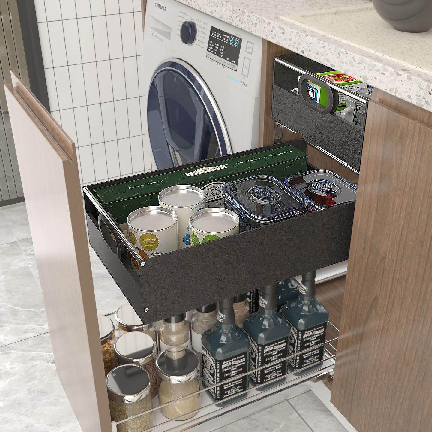 黑色加高款整体橱柜改造抽屉拉篮柜内自制带轨道滑轨工具储物盒环