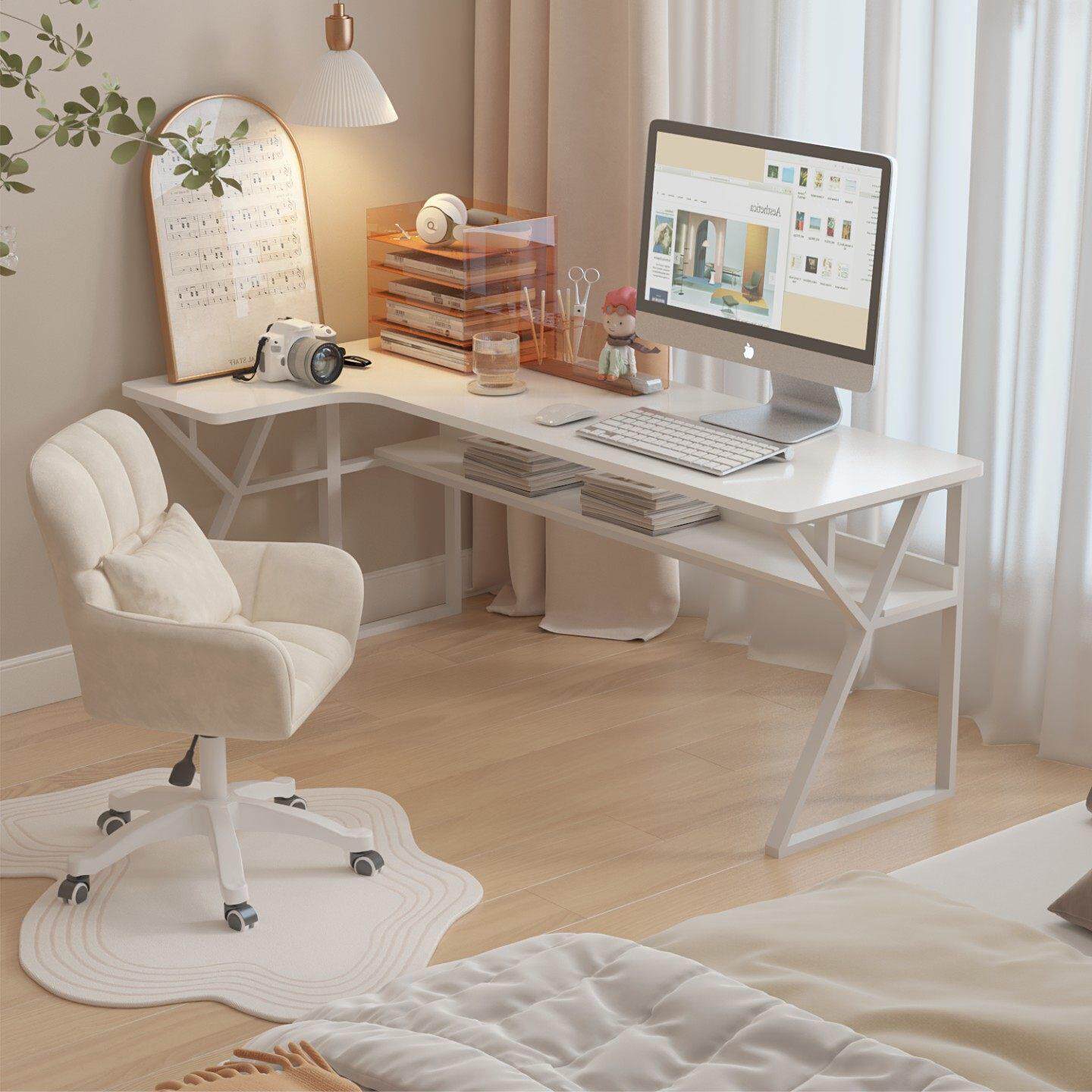 转角实木电脑桌家用卧室书桌书架一体洞洞板双人办公桌拐角电竞桌