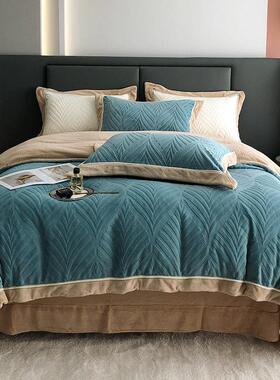 冬季加厚牛奶绒床笠四件套雕花加绒保暖被套珊瑚绒床品白咖蓝灰色