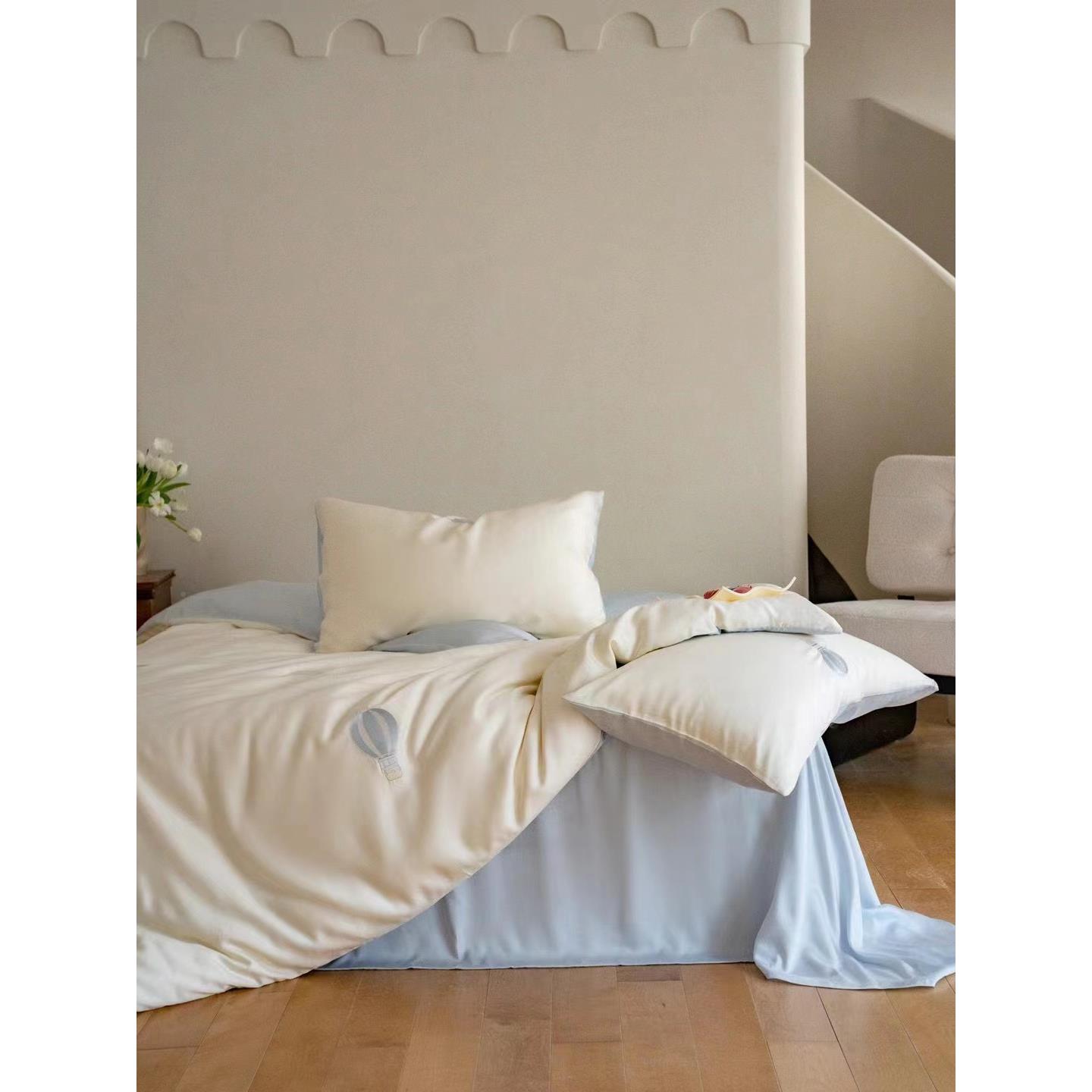 i卡通100支刺s绣天n丝四件套夏季冰l'd丝裸睡被套儿童12m床笠三件