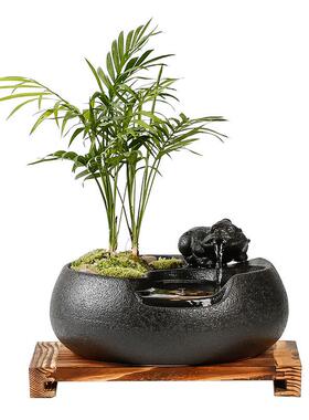 新中式招财金蟾流水摆件陶型瓷jz202108泉喷办公室桌面居家小开业