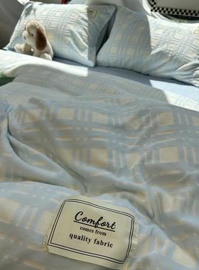 ins秋冬加暖厚保牛奶绒蓝色格子床上四件8套珊瑚绒1.5NDPm1法.米