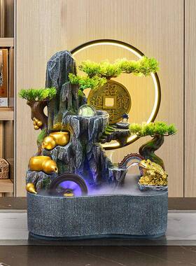 流水摆件循环水高山风水轮办业招财桌面假送山客厅公室生财H50058