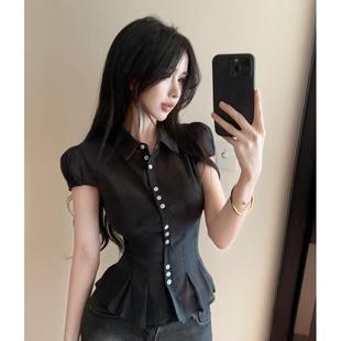 上衣 美式 网纱透视排扣收腰衬衫 女纯欲ins百搭修身 Polo领包肩短袖