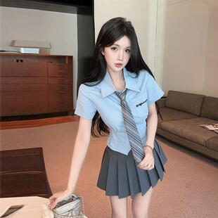 学院风jk制服蓝色翻领棉质短袖领带衬衫上衣+灰色百褶短裙套装潮