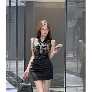显瘦无袖 夜店风纯欲性感气质蕾丝修身 上衣女辣妹高腰包臀裙两件套