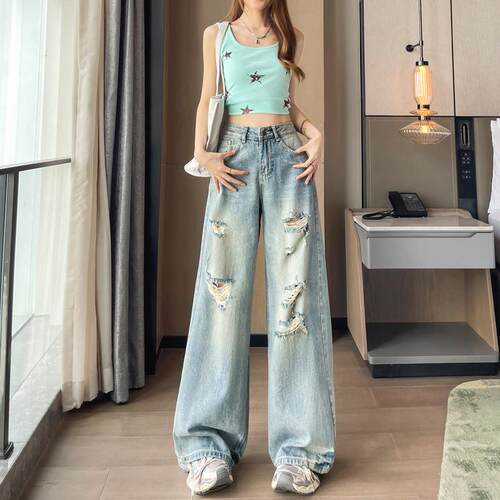 美式复古水洗破洞牛仔裤女2026夏季新款心机宽松磨烂直筒大阔腿裤