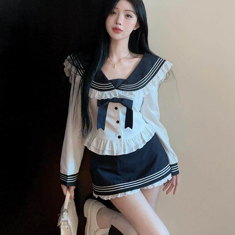 2025秋季新款学院风工作服蝴蝶结长袖海军领衬衫女修身设计感上衣