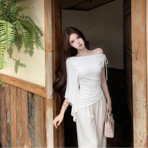 2026夏季新款法式洋气显瘦日常斜肩不对称上衣飘绳设计短袖T恤女