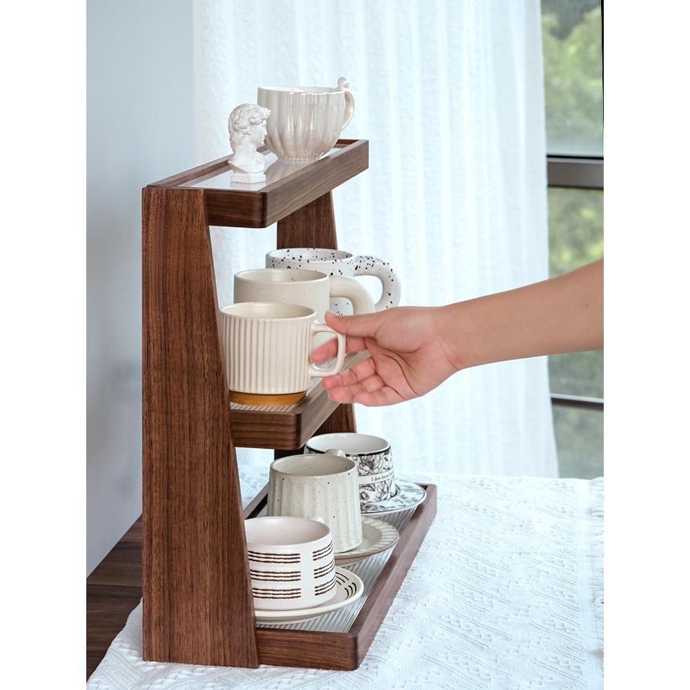 梯形实木杯子收纳置物架桌面水杯咖啡杯架亚克力茶杯马克杯展示架