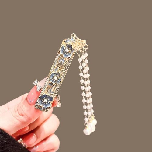 法式蓝色花朵珍珠流苏发夹女新款侧边刘海夹子碎发鸭嘴夹时尚发卡