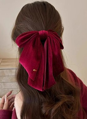 韩版丝绒红色蝴蝶结发夹女高级感气质抓夹后脑勺盘发鲨鱼夹子头饰