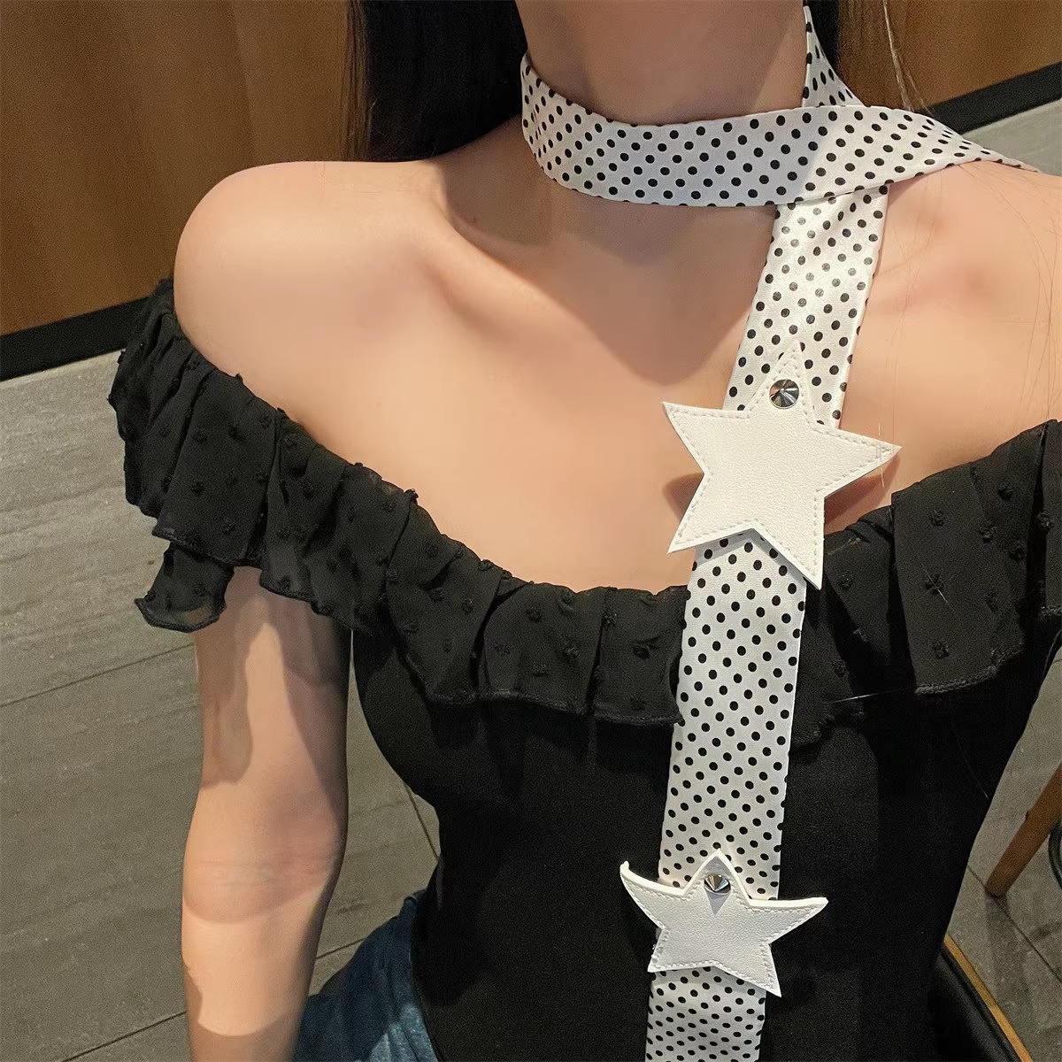 千禧风辣妹黑白波点星星系领带女款个性y2k时尚潮流原宿风配饰品图片