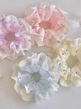 韩系小清新紫色波点蕾丝双层大肠发圈女慵懒风丸子头超大发饰头绳