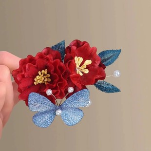 十里红妆~新中式红色花朵发夹新娘旗袍结婚盘发头饰订婚旅行发卡