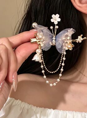 原创设计【蝶寻梦泽】超仙紫色蝴蝶流苏发夹古风汉服侧边夹发饰