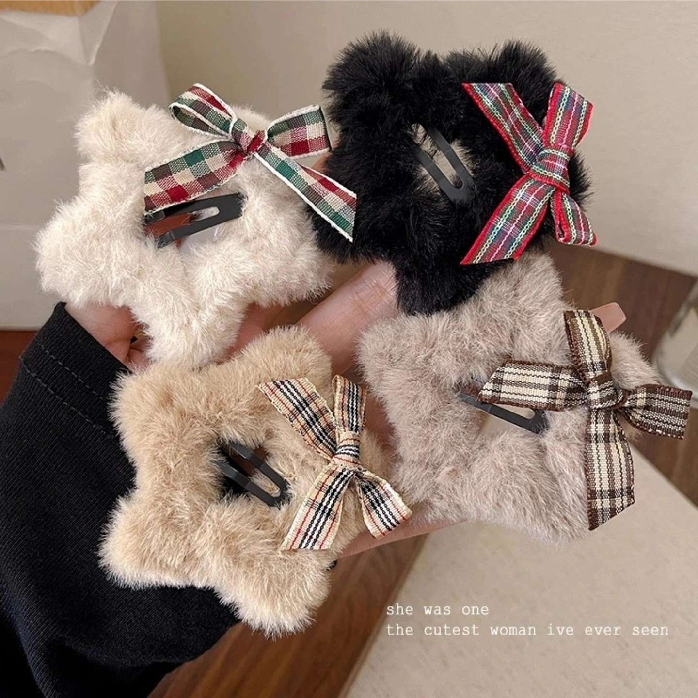 秋冬毛绒五角星发夹简约米咖星星BB夹镂空少女边夹可爱发饰发卡