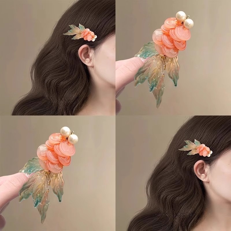 相思红鲤枫叶串珠金鱼发夹中式国风侧边鸭嘴夹女小众设计盘发器