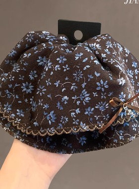 新款可爱复古碎花马尾抓夹文艺小清新盘发夹撞色蝴蝶结鲨鱼夹