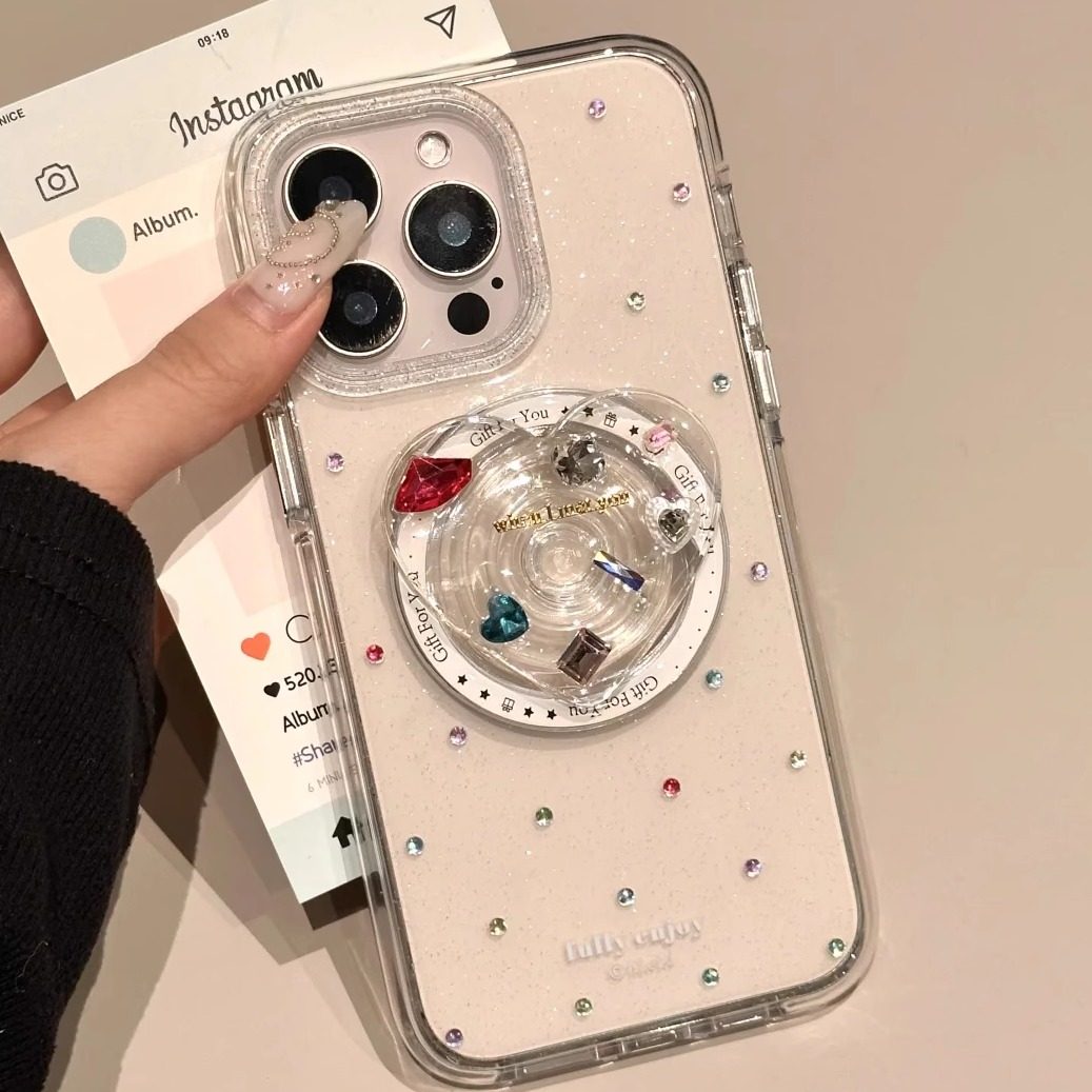 雨柠ins风透明点钻星星爱心磁吸支架适用16promax手机壳iphone15新款14pro女款13手机壳日韩少女心17PM