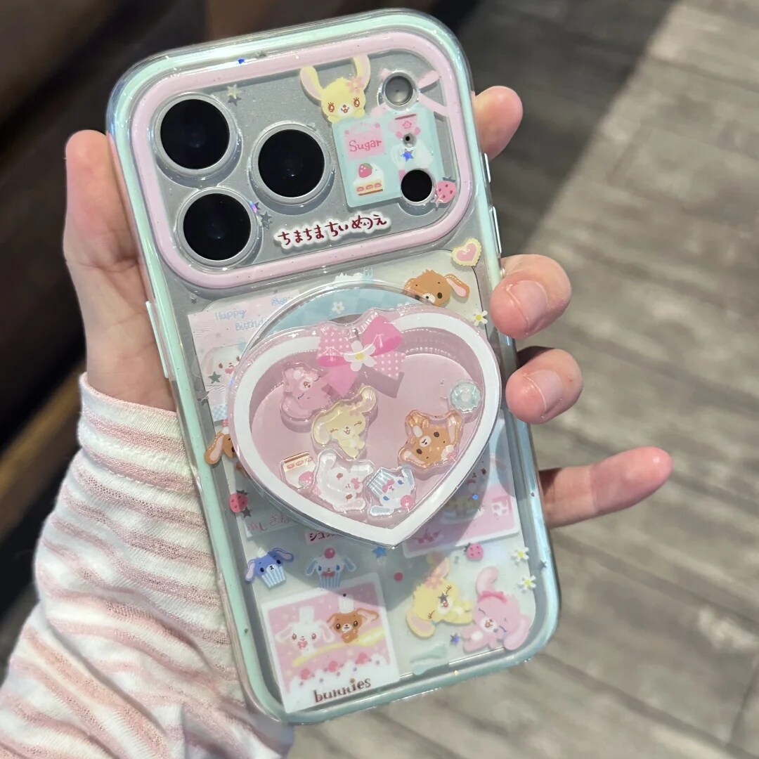 雨柠二合一卡通满屏粉蓝甜品兔适用苹果17promax手机壳iphone15promax新款14磁吸支架16双层全包防摔保护套