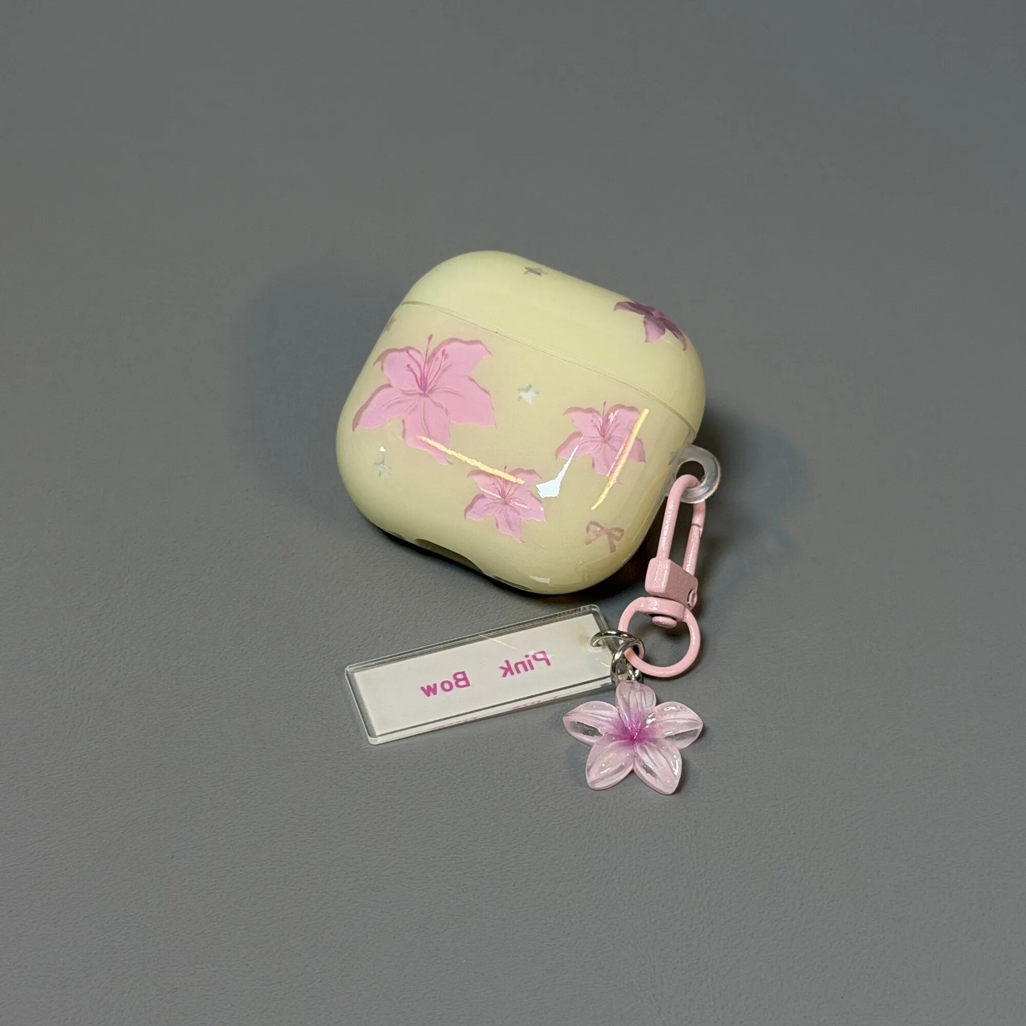 雨柠ins风圆边黄底粉色百合花适用AirPodsPro2/3代苹果4代耳机壳AirPods 1/2代小清新日韩防摔保护套