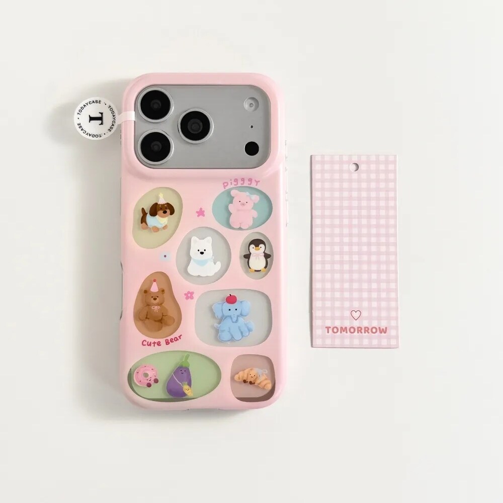 雨柠粉底透彩色小动物标签适用苹果17pro双层iPhone16手机硬壳15卡通日韩INS可爱个性创意14防摔保护套
