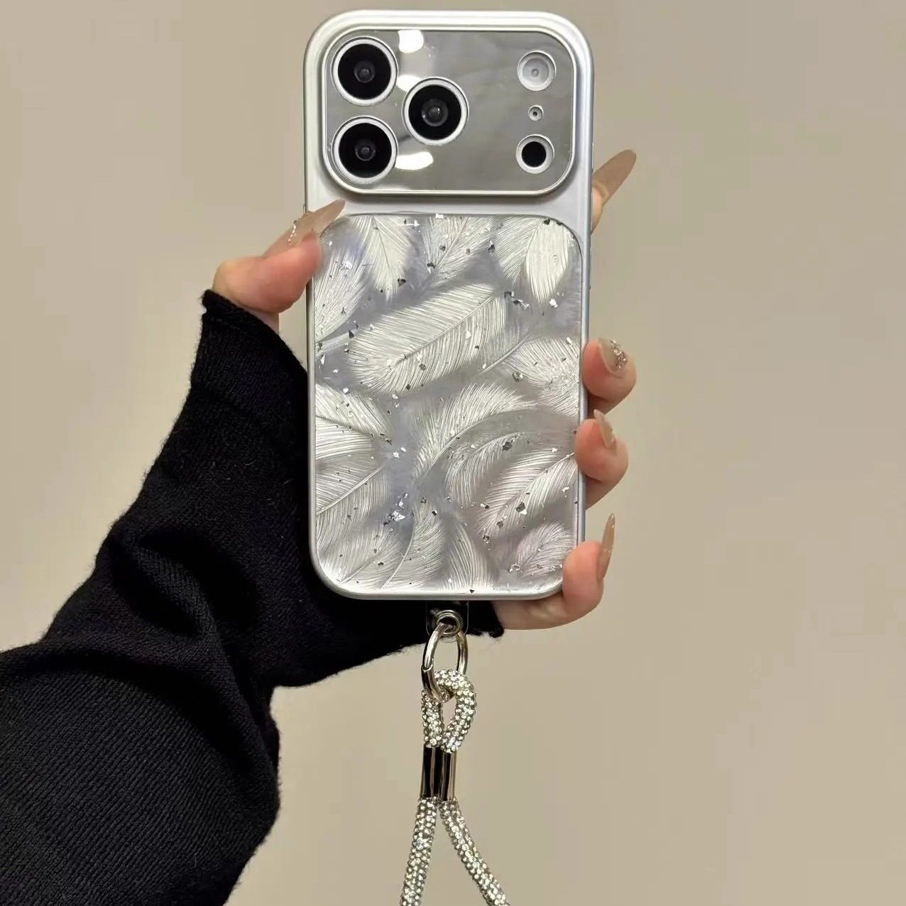 雨柠韩系高级感闪粉银色羽毛适用于iphone17promax苹果16手机壳15新款创意ins个性14全包防摔保护套