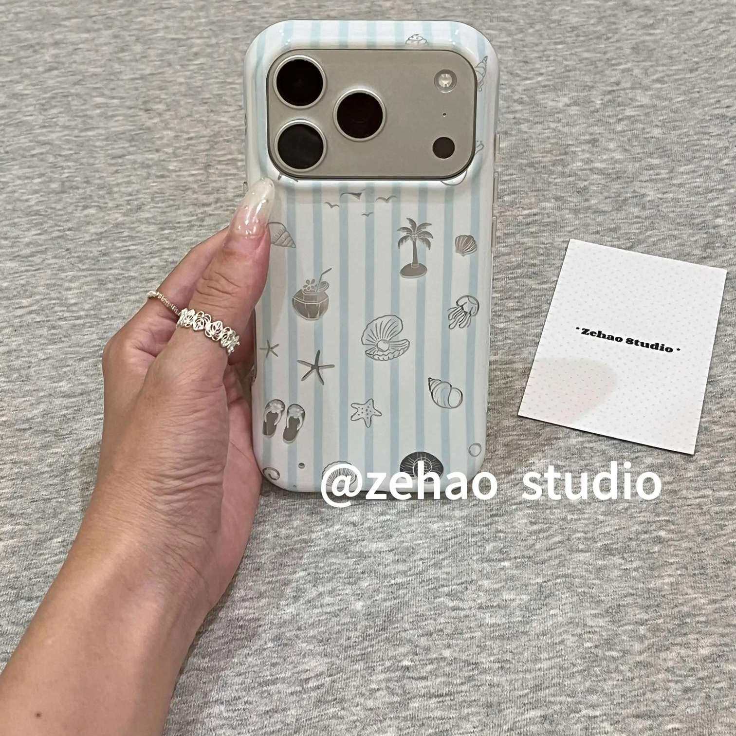 雨柠浅蓝白条纹沙滩风适用于苹果17promax手机壳iphone16pro新款15小清日韩ins个性创意14防摔保护套
