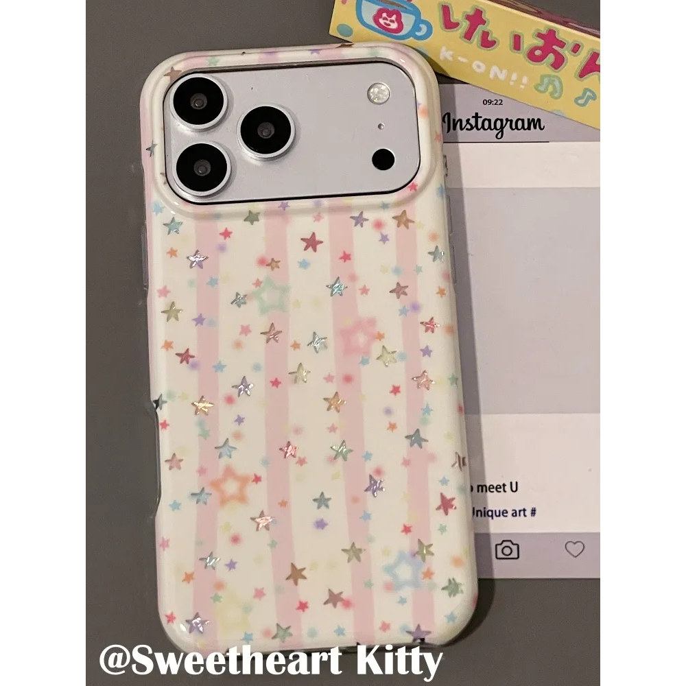 雨柠ins镭射彩色星星粉条纹适用iphone17promax新款苹果16手机壳15少女日韩INS个性创意14防摔保护套