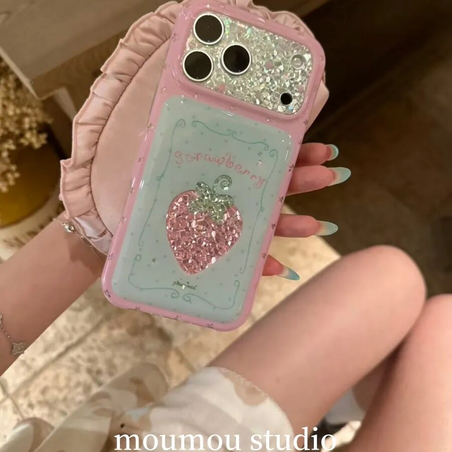 雨柠锡纸草莓线条框适用于苹果17promax手机壳iPhone16新款15卡通日韩INS小清新个性创意14防摔保护套