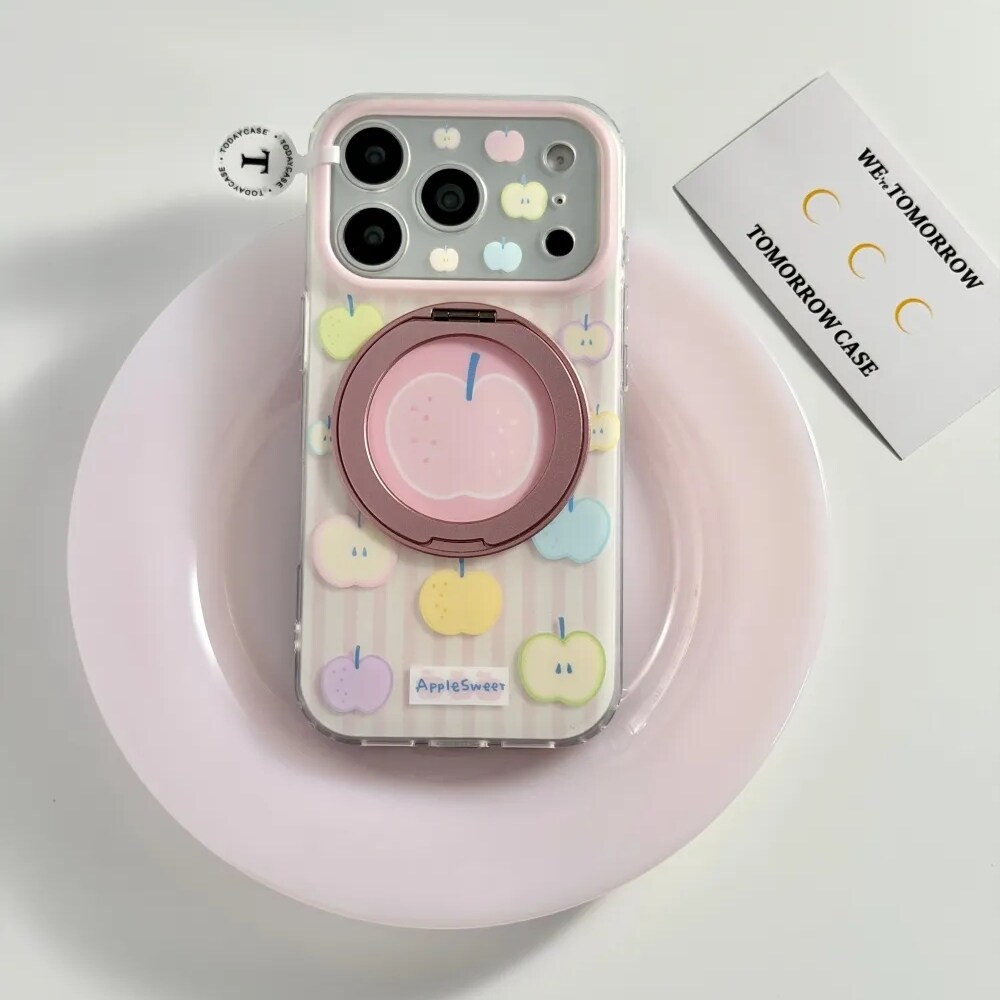 雨柠360支点支架粉条纹彩色苹果适用17promax双层iphone16手机硬壳新款15多巴胺日韩ins14防摔保护套