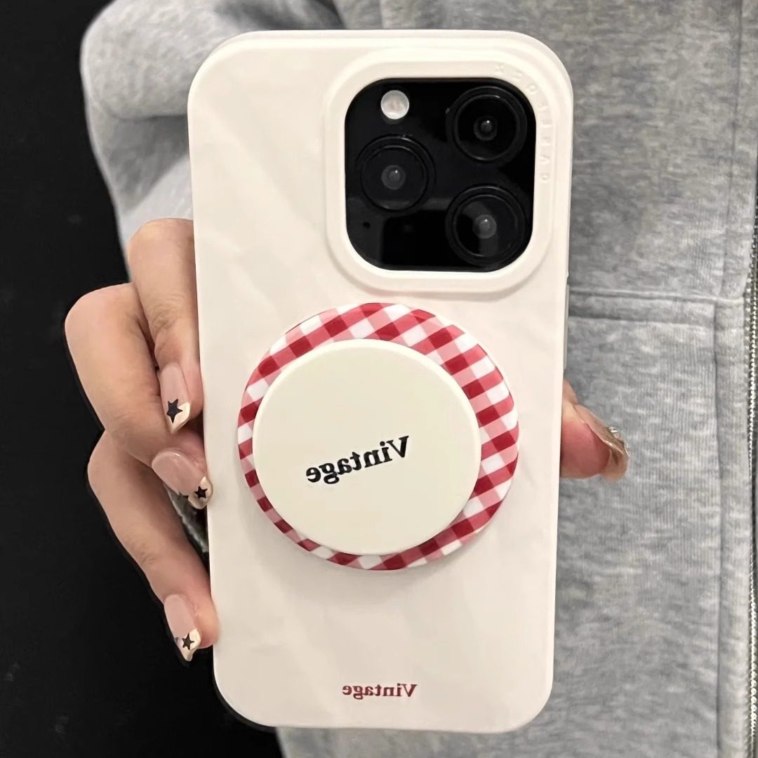 雨柠ins风简约红格纹磁吸支架适用16promax手机壳iPhone15pro新款14pro防摔保护套13女款16全包15可爱