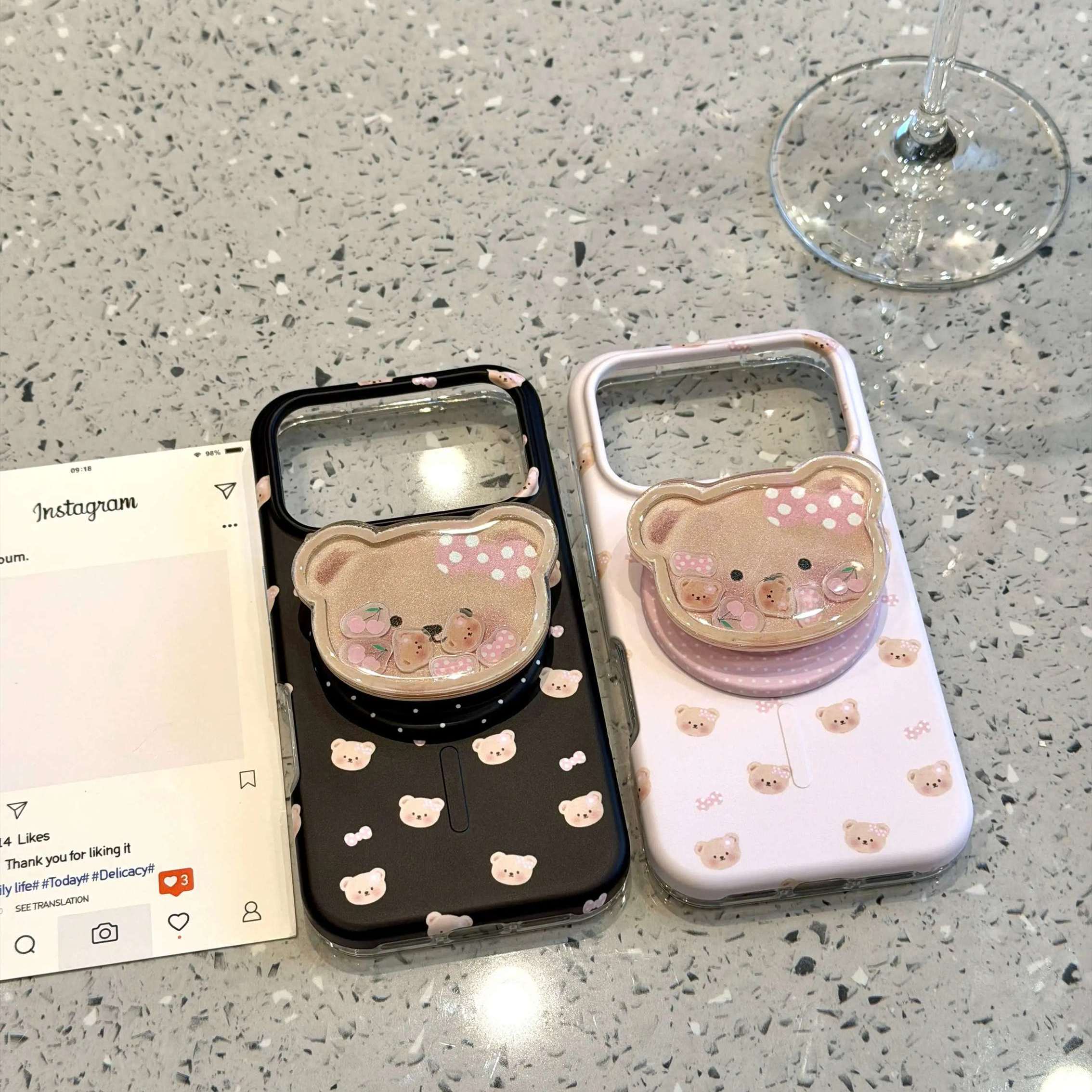 雨柠适用于iphone18promax手机壳萌趣黑底16pm满屏粉蝴蝶结小熊脑袋17卡通可爱日韩INS14防摔保护套