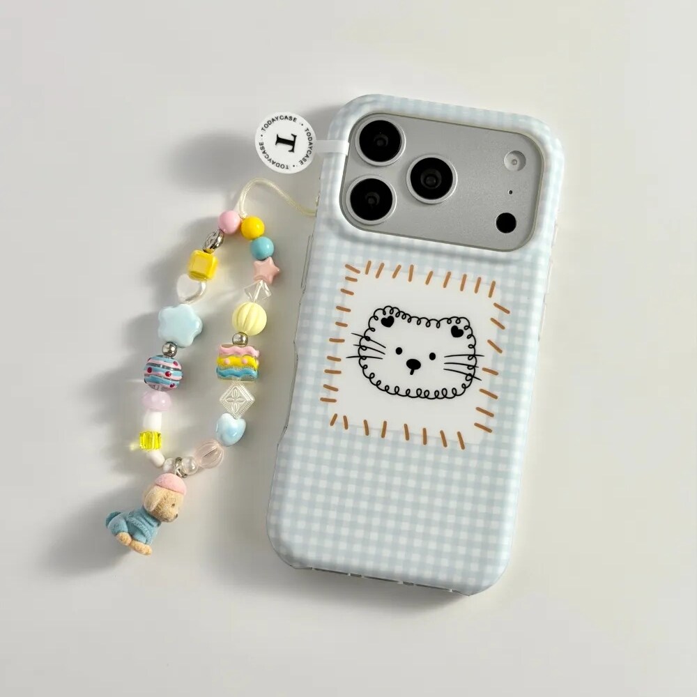 雨柠蓝白格线条猫咪适用苹果17promax韩系iphone16磨砂手机硬壳15卡通可爱日韩ins14防摔保护套