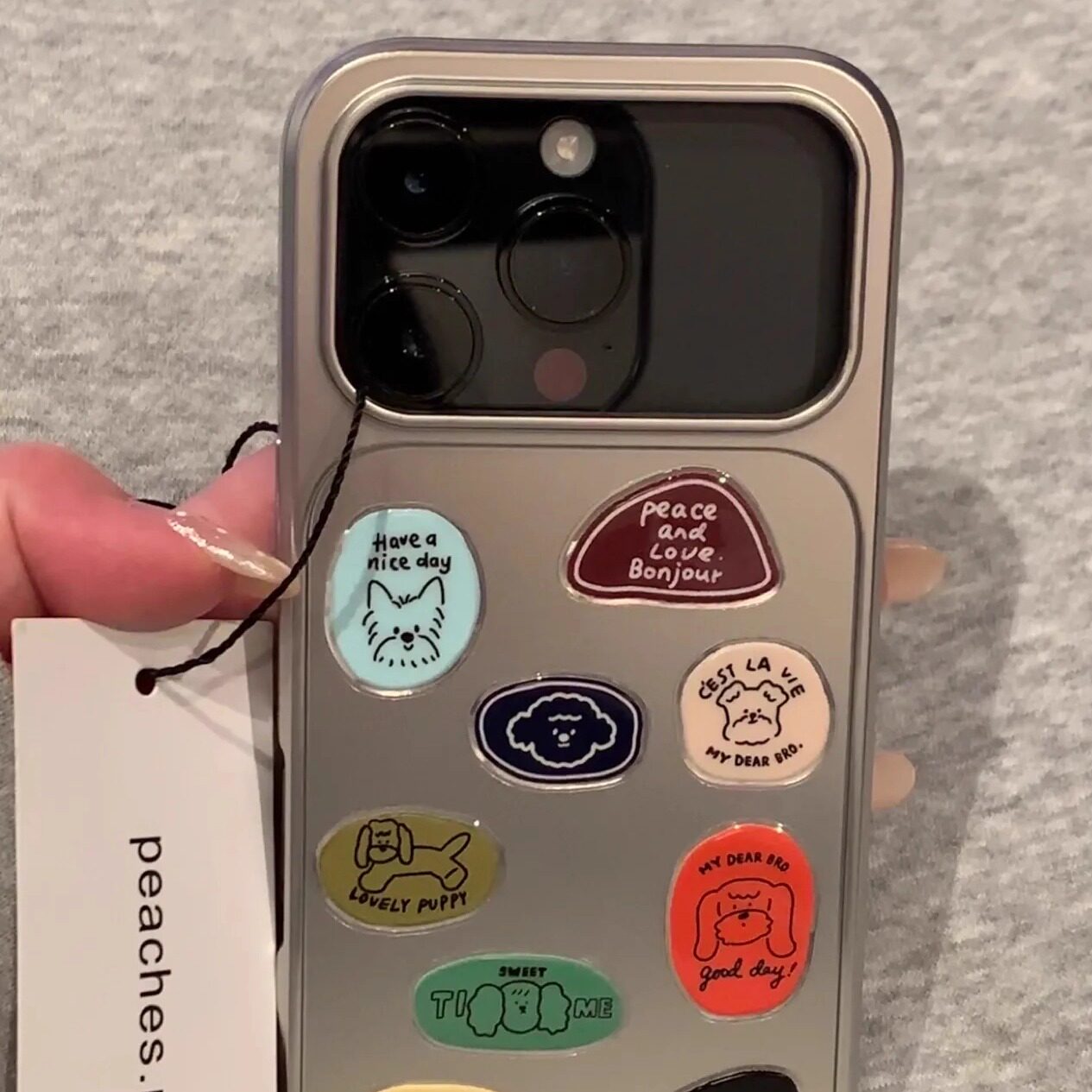 雨柠小众ins电镀银手绘卡通狗狗贴纸适用于苹果17promax手机壳iPhone16可爱标签15趣味ins14防摔保护套