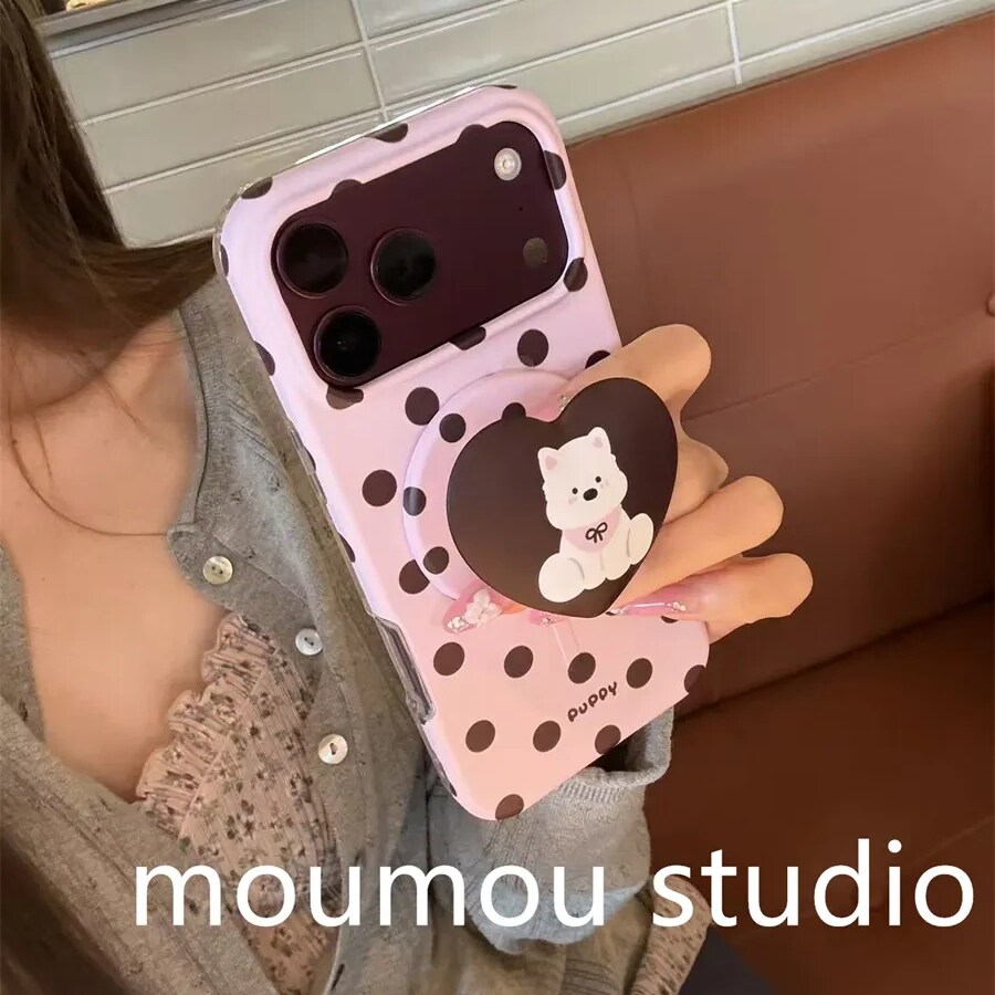 雨柠古早粉底波点西高地磁吸适用于苹果18promax手机壳iPhone17新款16日韩卡通可爱15防摔保护套