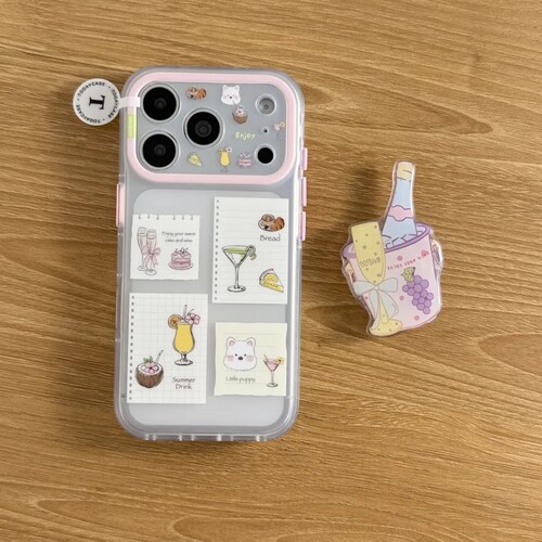 雨柠可爱果汁小狗拼贴适用苹果17promax双层iPhone16支架透明手机壳15卡通日韩INS14防摔保护套
