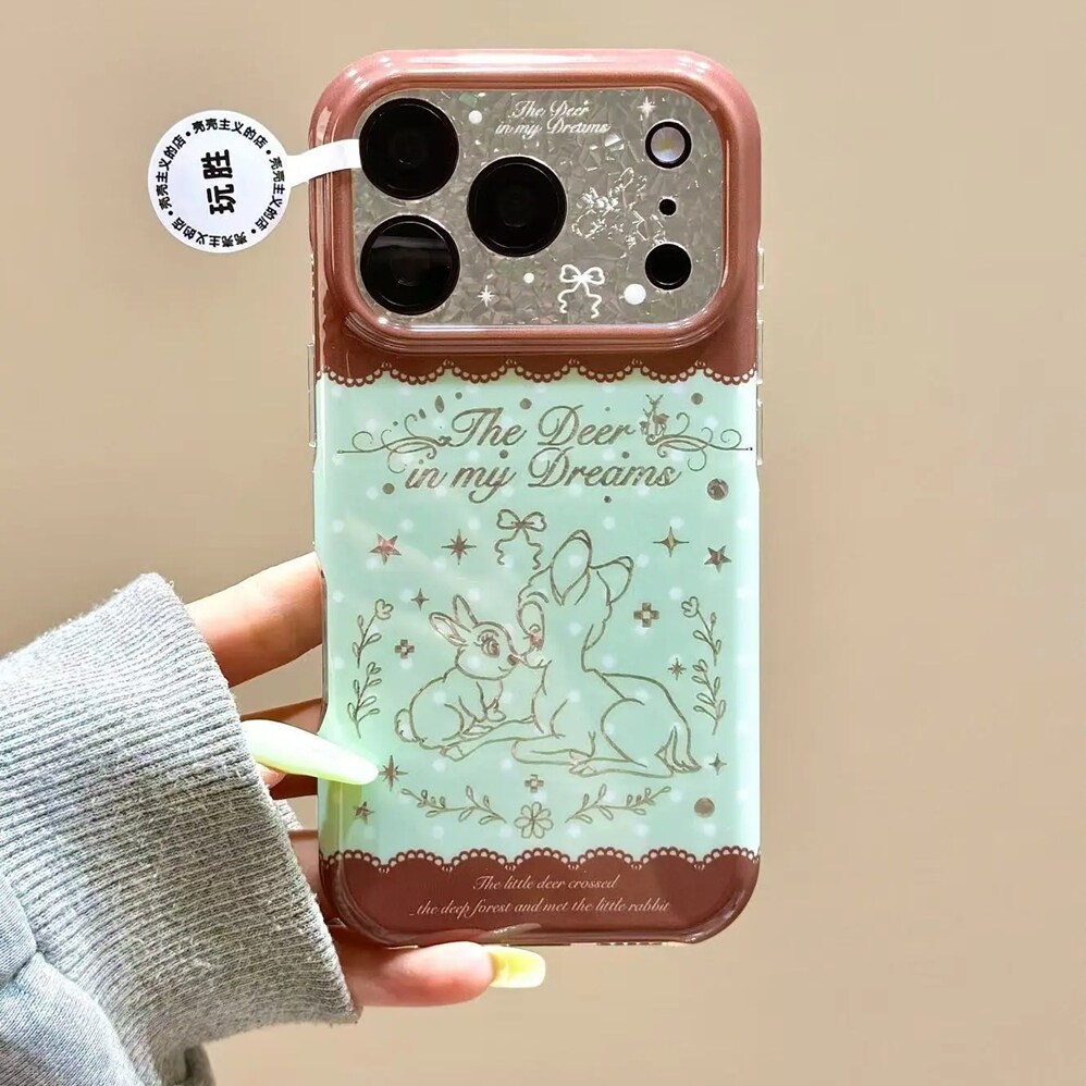 雨柠棕拼薄荷绿线条小兔小鹿适用苹果18promax手机壳iPhone17新款16日韩ins卡通小清新15防摔保护套