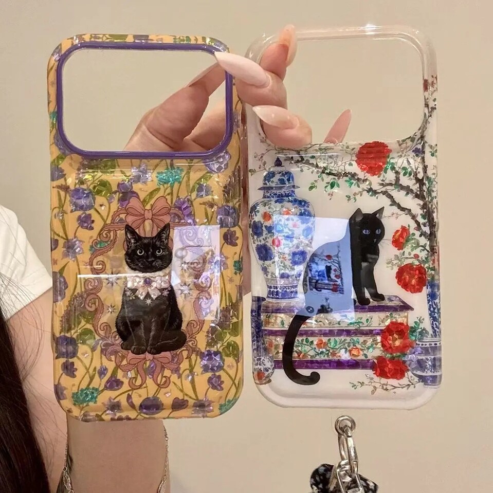 雨柠适用于iphone18promax手机壳复古17pm白底青花瓷瓶红花黑猫16新款日韩卡通个性创意15防摔保护套