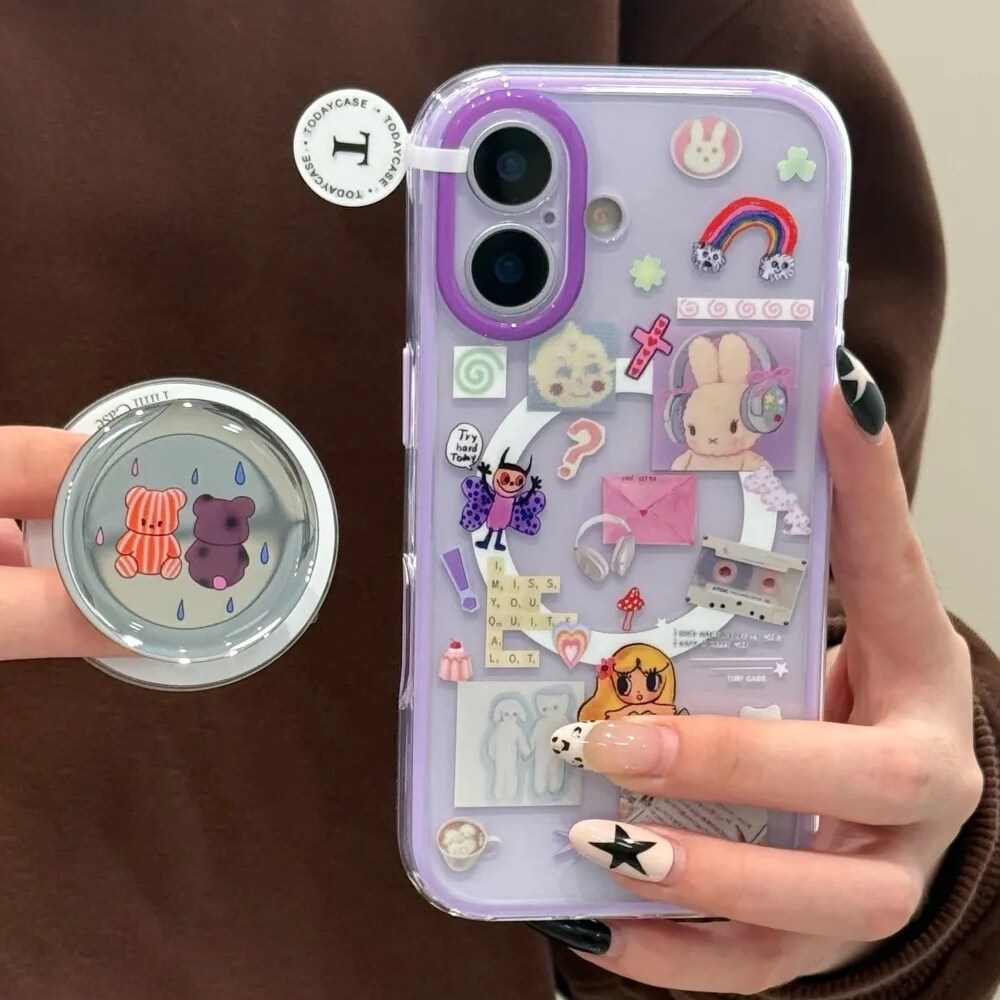 雨柠耳机米菲兔插画适用苹果17pm双层iphone16磁吸透明支架手机壳15卡通可爱ins个性14全包防摔保护套