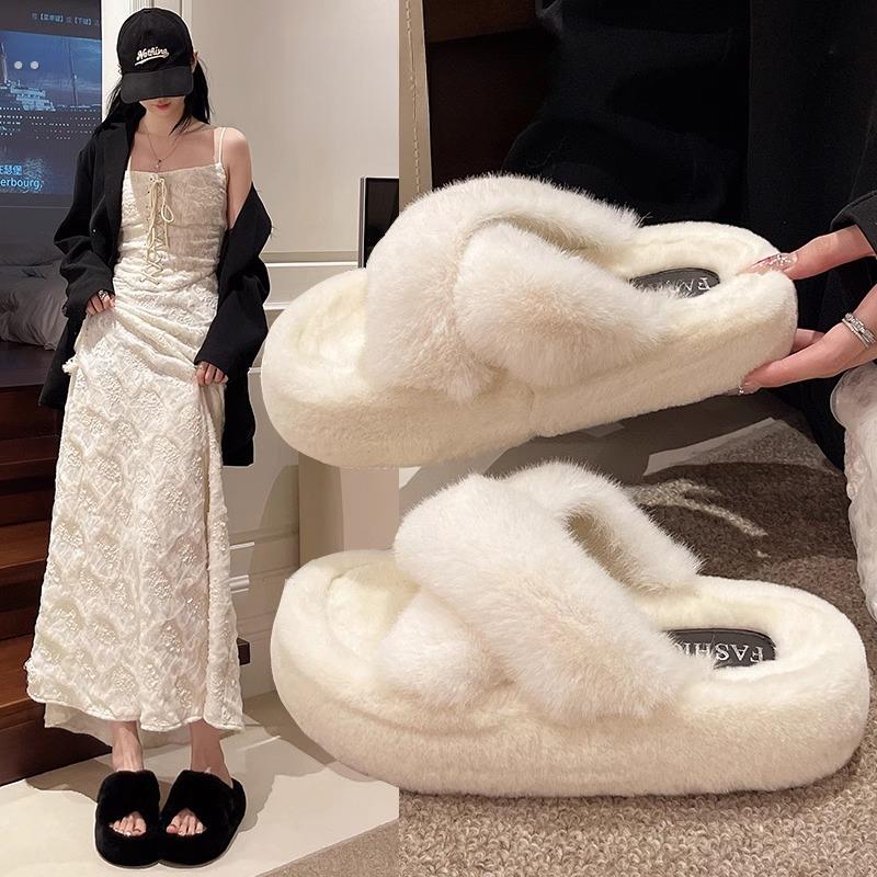 网红交叉带毛毛拖鞋女士外穿2025秋冬新款厚底增高防滑毛绒棉拖鞋