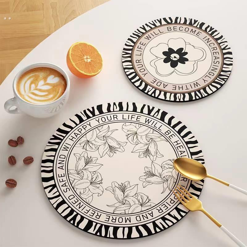 黑白覆古吸水杯垫简约硅藻泥隔热餐垫轻奢高级感碗盘垫咖啡垫茶杯