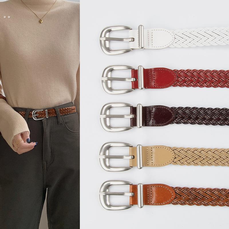 女式编织复古腰带配牛仔休闲裤装饰无孔针扣皮带广州皮具