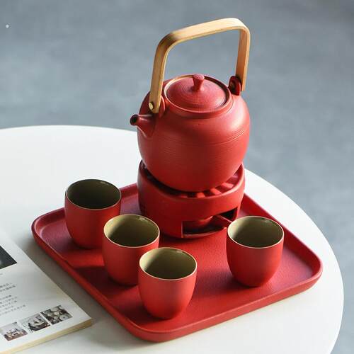 宫廷红粗陶提梁壶茶具套组创意加热炉子一壶四杯干泡盘陶瓷温茶器