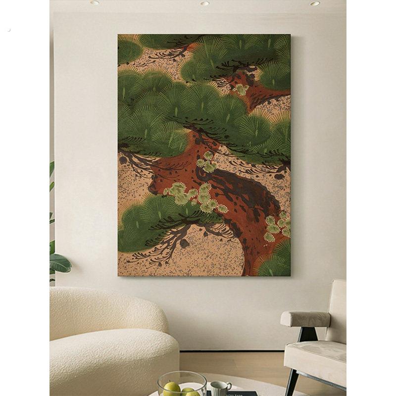新中式迎客松客厅装饰画玄关绿植大树手绘油画侘寂风抽象大幅挂画