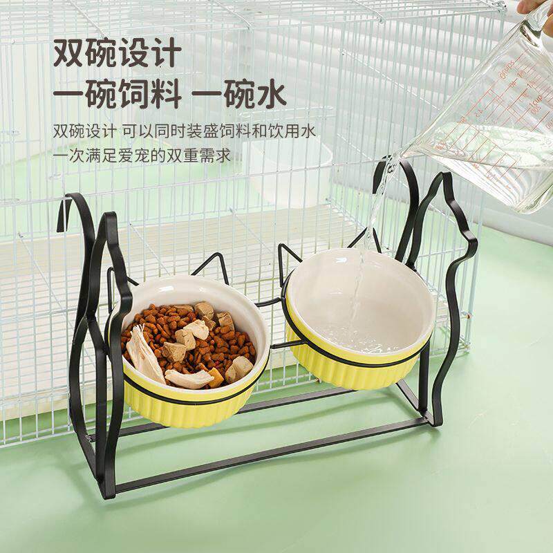 猫碗悬挂式宠物陶瓷碗护颈猫碗防打翻不黑下巴猫碗陶瓷斜口碗支架