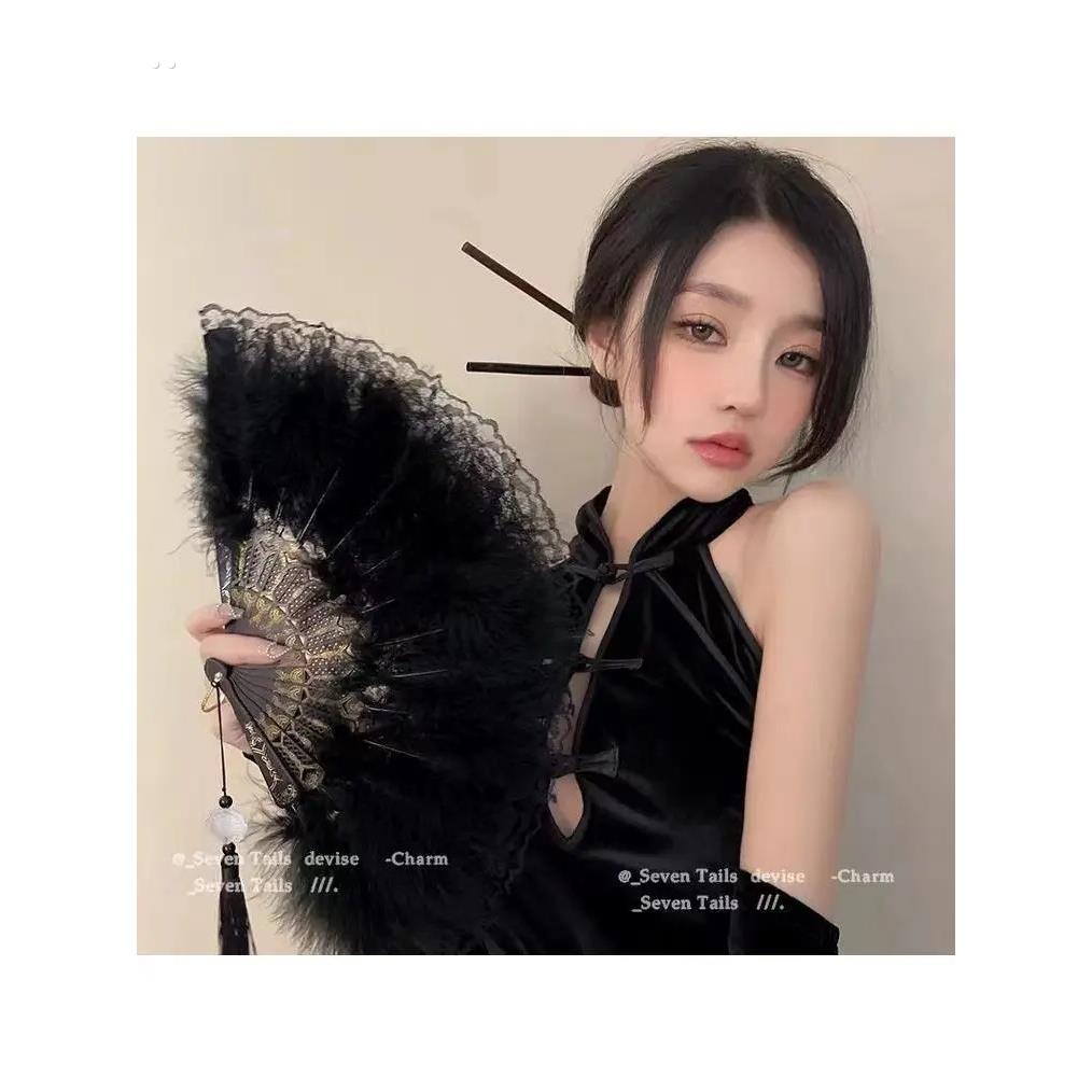 羽扇旗袍之夜上海舞长毛绒中华民国古风毛扇白鹅羽折扇照片道具